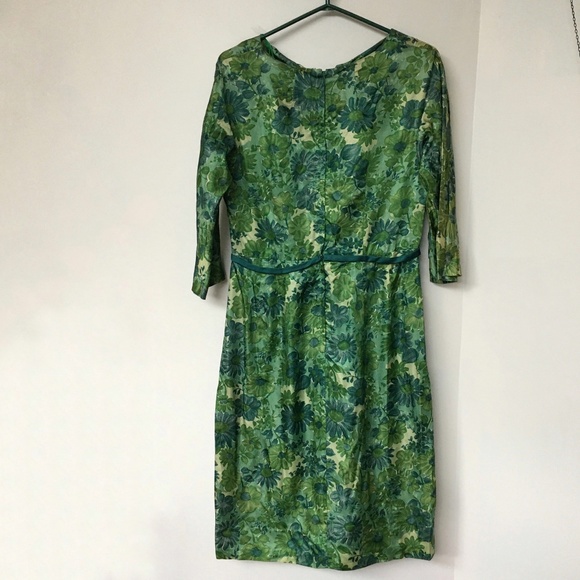 Vintage 60s Dress Below Knee Green Floral Fitted Ambassador Mi-Lady - Picture 4 of 8